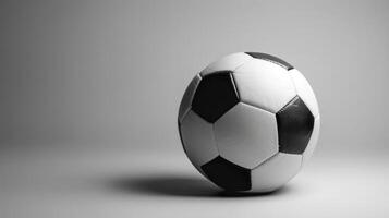 Soccer ball with black and white panels and detailed stitching on a gray background with narrow depth of field photo