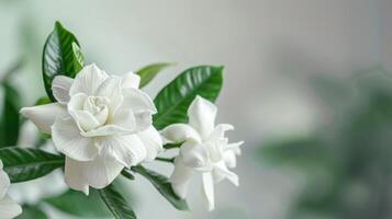 Elegant white Gardenia flower in full blossom with green leaves and soft-focus background photo