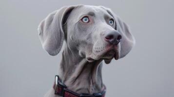 Weimaraner dog portrait with striking blue eyes and grey coat in a close-up, showing depth of field and narrow focus photo