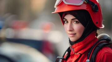 Firefighter in hijab portrait showing uniform, safety, heroism, and emergency readiness photo