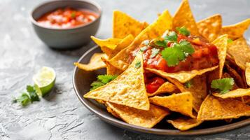 Close-up of savory nachos topped with fresh salsa, cheese, and cilantro photo