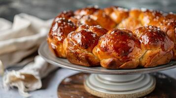 un de cerca de vidriado mono un pan con dulce caramelizado azúcar y pegajoso postre textura foto