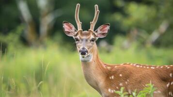Deer with antlers in the wildlife nature portrait among forest grass photo