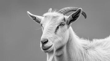 Black-and-white goat portrait showcasing horns, fur, and serene gaze in nature photo