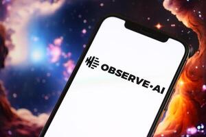 KYIV, UKRAINE - MARCH 17, 2024 ObserveAI logo on iPhone display screen with background of artificial intelligence futuristic image photo