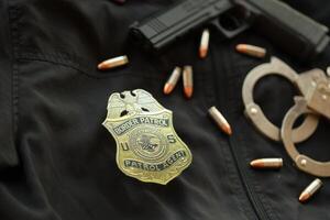 KYIV, UKRAINE - MARCH 9, 2024 US Border Patrol Agent badge on black jacket uniform with gun, bullets and handcuffs photo