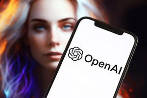 KYIV, UKRAINE - MARCH 17, 2024 OpenAI logo on iPhone display screen with background of artificial intelligence futuristic image photo