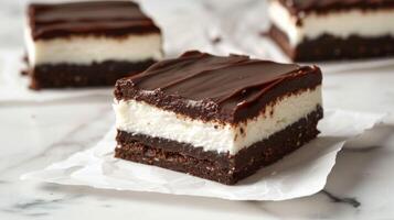 Nanaimo bar dessert featuring rich chocolate layers and sweet custard filling photo