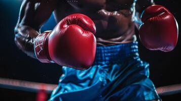 boxeo guantes y un muscular combatiente en acción monitor sudor, deporte, y atlético valor durante formación foto