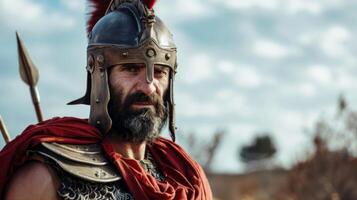 Carthaginian warrior in historical armor with helmet and spear portrays ancient military strength and culture photo