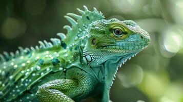 Close-up of a green iguana with textured scales and wildlife nature elements in narrow depth of field photo