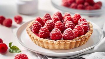 Raspberry tart dessert with pastry, sweet fruit, freshly baked and deliciously presented on a plate photo