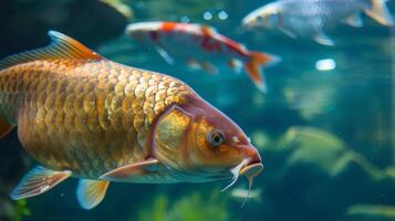 dorado carpa nadando en acuicultura granja con vibrante naranja escamas y aletas en agua dulce foto