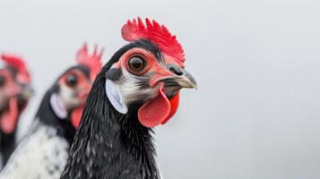 de cerca retrato de un gallina de Guinea con vibrante rojo barbas y cresta, detallado plumas, y un llamativo pico foto