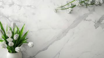 Tulips in a vase on a white marble surface evoke minimalist elegance and decor in a spring setting photo