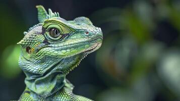 Close-up of a green basilisk lizard with detailed scales and vibrant eyes in a natural setting photo