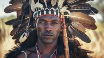 Zulu warrior in traditional African headdress with feathers and ceremonial costume photo