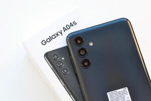 KYIV, UKRAINE - 4 MAY, 2023 Samsung Galaxy A04 Android smartphone has 6.5-inch PLS LCD panel with Infinity-V design photo