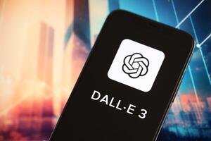 KYIV, UKRAINE - MARCH 17, 2024 Dall-E 3 logo on iPhone display screen with background of artificial intelligence futuristic image photo