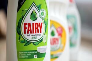 KYIV, UKRAINE - OCTOBER 31, 2023 Bottle of Fairy washing up Liquid produced by Procter and Gamble and sold in most parts of Europe photo