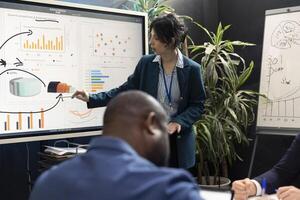 Business affiliates working together on new tasks in a boardroom, reviewing success metrics and key performance indicators to measure efficiency. Workers accomplishing enterprise objectives. photo