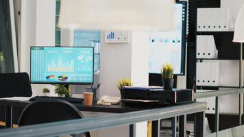 Office with computer monitor on desk showing stock exchange listings and display in background with business charts. PC in workspace with trading platform indexes and company data graphs in the back photo