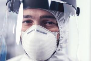 Close up of wear out medical engineer wearing face mask and ppe suit. Overworked researcher dressed in protective suit against invection with coronavirus during global epidemic. photo