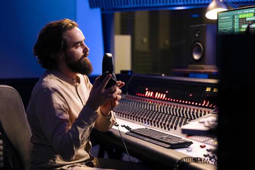 Sound designer working on track recording with technical gear in control room, using headphones to check audio files before mixing them. Technician producer obtaining high quality on music. photo