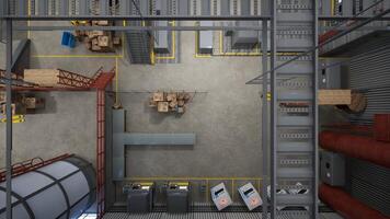 Warehouse with stack of wooden crates and rusted barrels next to assembly lines and machinery. Manufacturing logistics depot with conveyor belts and machines used for goods transportation, 3D render photo