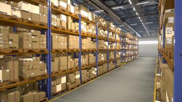 Vast storage building full of products placed on industrial racks with tags and labels, commercial goods. Distribution center equipped for logistical import export system. photo