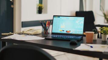 Financial stock market diagrams with charts and stock figures on laptop showing profits and losses over time dynamically. Changing trading index listings displayed on notebook screen in office photo