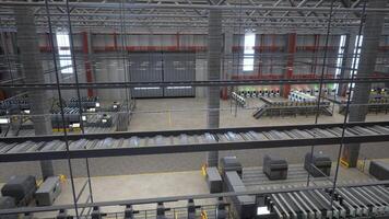 Industrial factory showcasing rows of high tech machines and assembly lines, 3D rendering. Manufacturing equipment in empty logistics depot with automatized processes and tasks photo