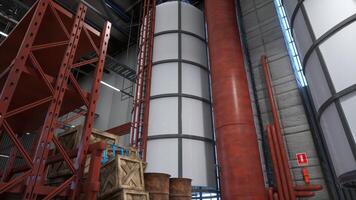 Industrial warehouse with stack of wooden crates and rusted barrels next to metallic shelves. Manufacturing logistics depot with steel structures used for goods storage, 3D rendering photo