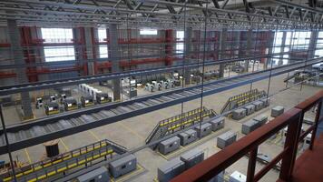 Top down view of industrial facility showcasing rows of high tech machines with control panels and safety signs, 3D render. Manufacturing equipment in automated warehouse, aerial drone shot photo