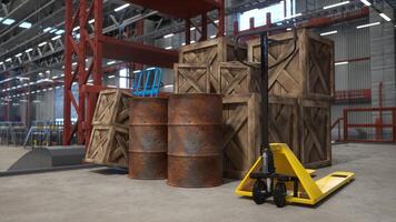 Industrial warehouse with wooden crates, rusted barrels, pallets and cart used for transportation of products. Manufacturing logistics depot used for goods production and storage, 3D render photo