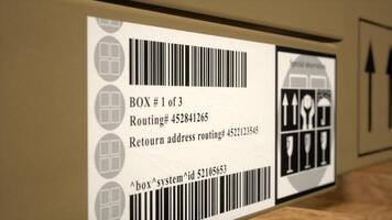 Tags on packages in warehouse center with express delivery identification labels and shipment information. Products ready for distribution in retail marketplace. Close up. 3D render animation. photo