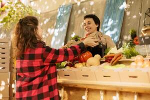 joven hembra comprador participación cartulina caja con orgánico en la zona crecido frutas y vegetales. sonriente vendedor con delantal de venta sano natural verduras a local agricultores mercado. foto