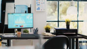 Stock portfolio on trading platform displayed on computer containing collection of investment assets. Workplace with live index indices and pie charts on PC screen showing stock demand surge photo