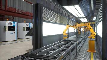 Industrial robot arms working on assembly line in factory next to computerized machines, 3D render. Heavy machinery units being used on conveyor belts in automated warehouse with hardware equipment photo