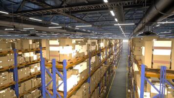 Logistics warehouse center housing merchandise and retail supplies, organizing order shipments with air waybill tracking numbers. Storage depot operates in commerce industry photo