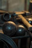 Metal balls on the table in the workshop photo