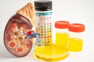 Urinalysis, Kidney model and urine cup with reagent strip pH paper test and comparison chart in laboratory. photo