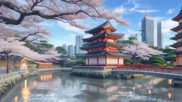 japanisch Tempel mit Schönheit Kirsche blühen im Hintergrund video