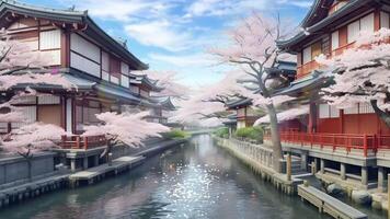 japansk tempel med skönhet körsbär blomma i bakgrund video