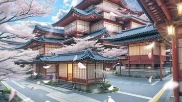 Japanese temple with beauty cherry blossom in background video