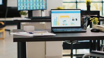 Wheelchair in office offering accessibility to workers with disability and laptop on desk showing business analytics with computer screen in background displaying stock exchange listings photo