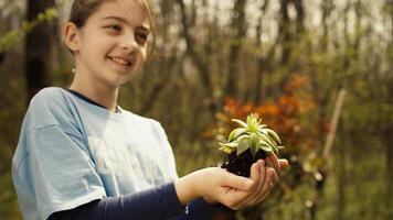 Cute child activist presenting a small seedling tree in her hands, fighting to protect the environment and natural ecosystem. Little girl working to conserve nature and plant trees. Camera B. photo