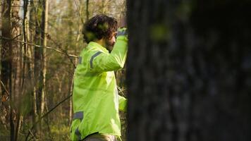 Rescue team guide leading the way into the forest area to find clues during manhunt operation, searching for a missing person. Search party screaming victim name, civil lost in the woods. Camera A. photo