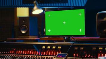 Empty professional recording studio control room with greenscreen on display, editing and processing tracks. Motorized faders, buttons and sliders operated for mix and master techniques. Camera A. photo
