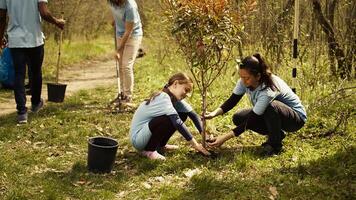 Team of environment activists digging holes and planting seeds to grow more trees and preserve the natural forest surroundings. Volunteers working on nurturing nature and ecosystem. Camera B. photo